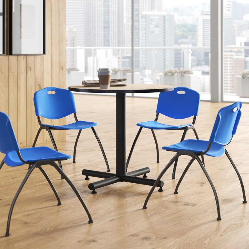 Regency Kobe Round X-Base Breakroom Table, 4 M Stack Chairs, Blue, Cherry