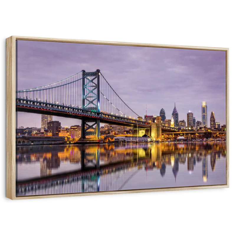 Horizon du pont Ben Franklin, Cadre flottant en bois naturel, 31 po x 21 po