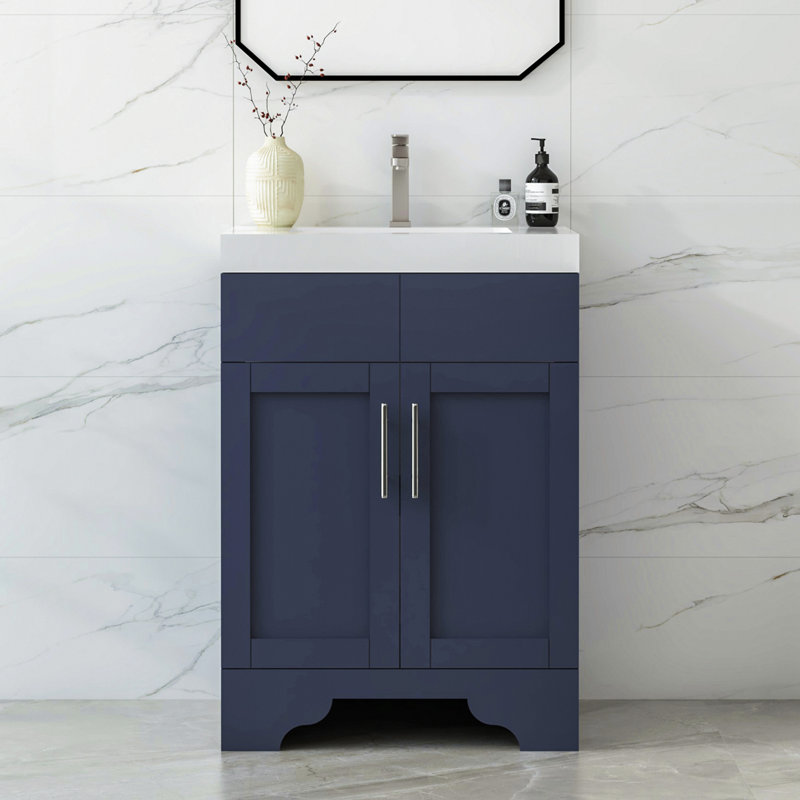 Ensemble de meuble-lavabo autoportant bleu marine avec comptoir en quartz de Carrare blanc 24 po Aurilla, Bleu marine