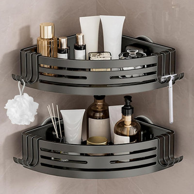 Conworld Corner Shower Caddy Suction Cups - Gunmetal Gray - 2-Pack Aluminum, No-Drill Removable Corner Shower Shelf For Bathroom Storage