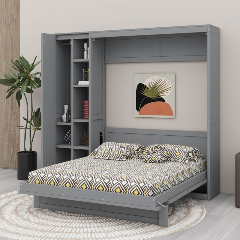 Lit escamotable mural avec rangement intégré, tablettes et éclairage décoratif DEL, Gris