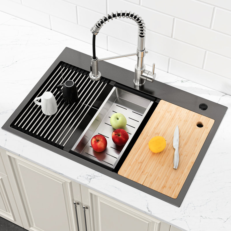 30"X22" Stainless Steel Single Bowl Kitchen Sink In Black With Coating And Basket - Prevents Stains, Increases Storage Capacity Pad Dripping, Minimizes Noise