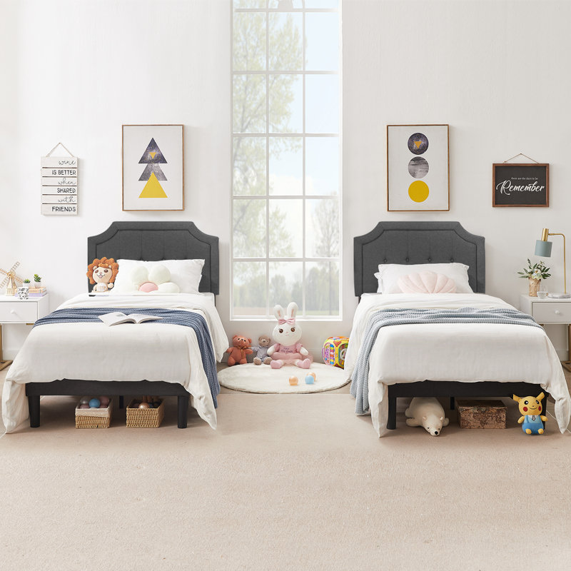 Saylah Set of 2 Upholstered Platform Bed, Tufted Adjustable Headboard, Noise-Free Support,  for Guest Rooms & Two Bed Room Setups