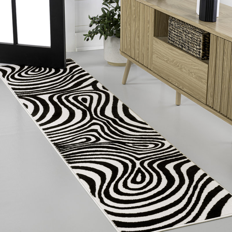 Maribo High-Low Abstract Groovy Striped Black/White Rug, Runner 2' x 8'