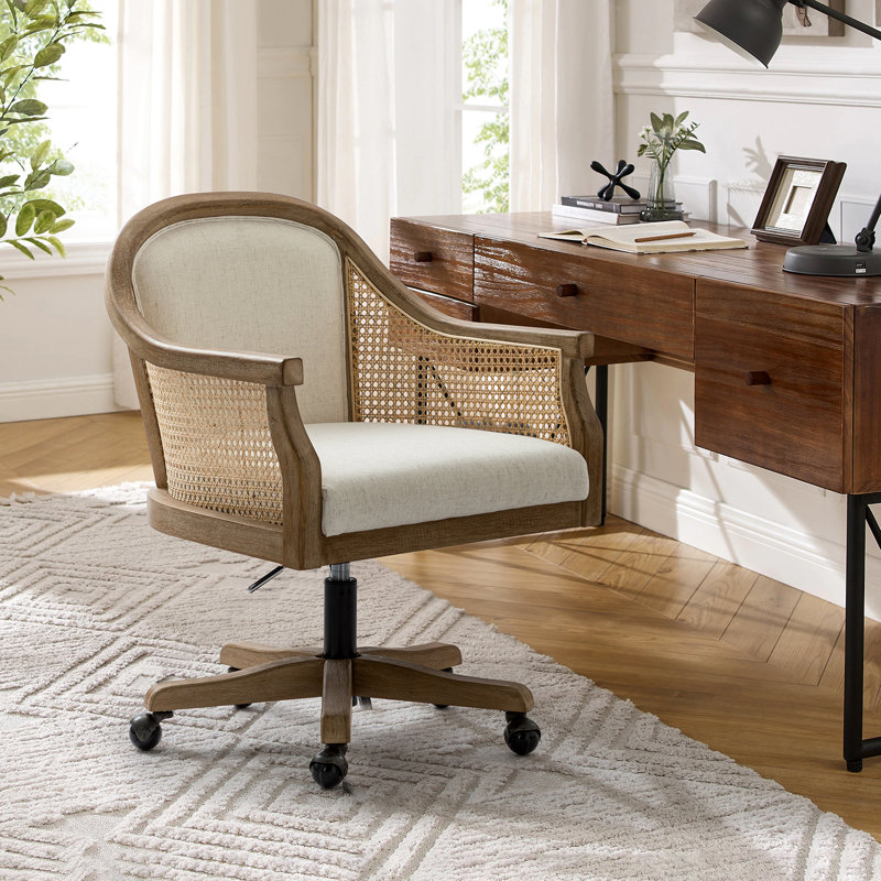 Ackeron Farmhouse 23.5"W Rattan Upholstered Office Task Chair with Solid Wood Arms and Base, Ivory