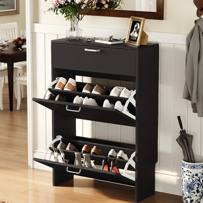 Range-chaussures dissimulé avec 3 portes rabattables blanches et chêne