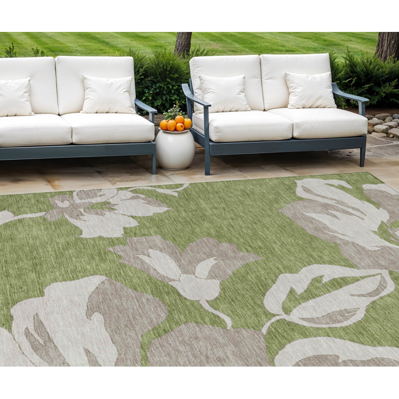 Tapis extérieur lavable floral vert taupe et beige 10 pi x 14 pi