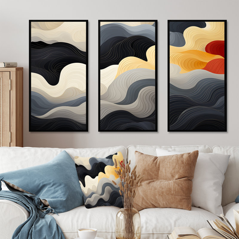 Orage solaire noir et orange - reproduction d'art abstrait mural, Cadre flottant noir, H 28 po x l 36 po x P 1 po