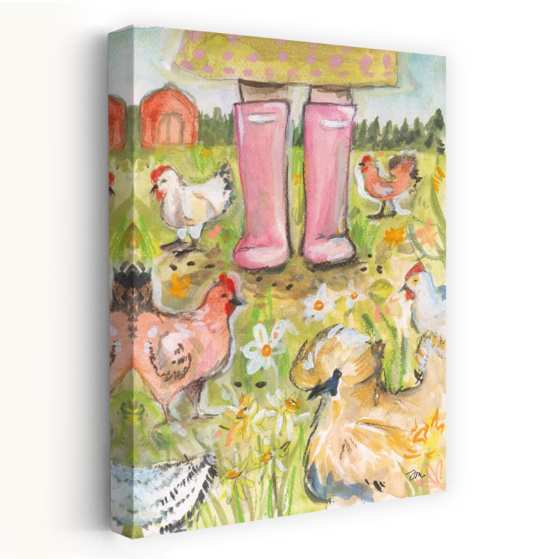 Chama maman - Illustration contemporaine de la vie à la ferme, bottes roses, poules dans un jardin, H 48 po x l 32 po