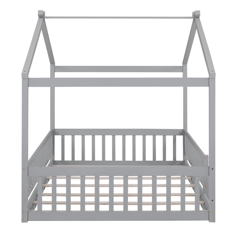 Structure de lit en bois pleine grandeur avec clôture, pour enfants, adolescents, gris, Lit double, Gris