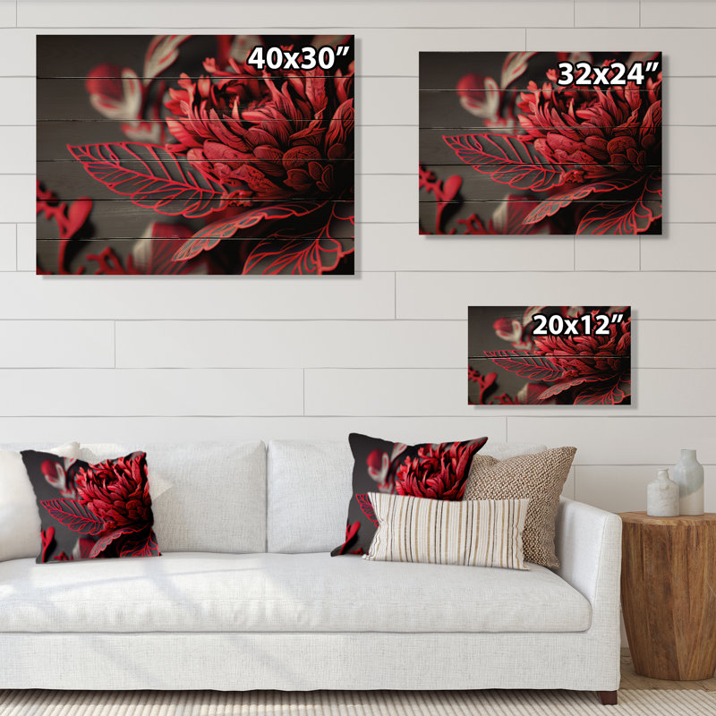 «Blossoming Rose» en rouge et gris II - art mural floral, H 24 po x l 32 po x P 1 po, Bois