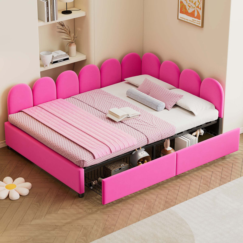 Lit de jour rembourré avec 2 tiroirs, canapé-lit en velours avec tête de lit en tissu doux, Double, Rouge rose