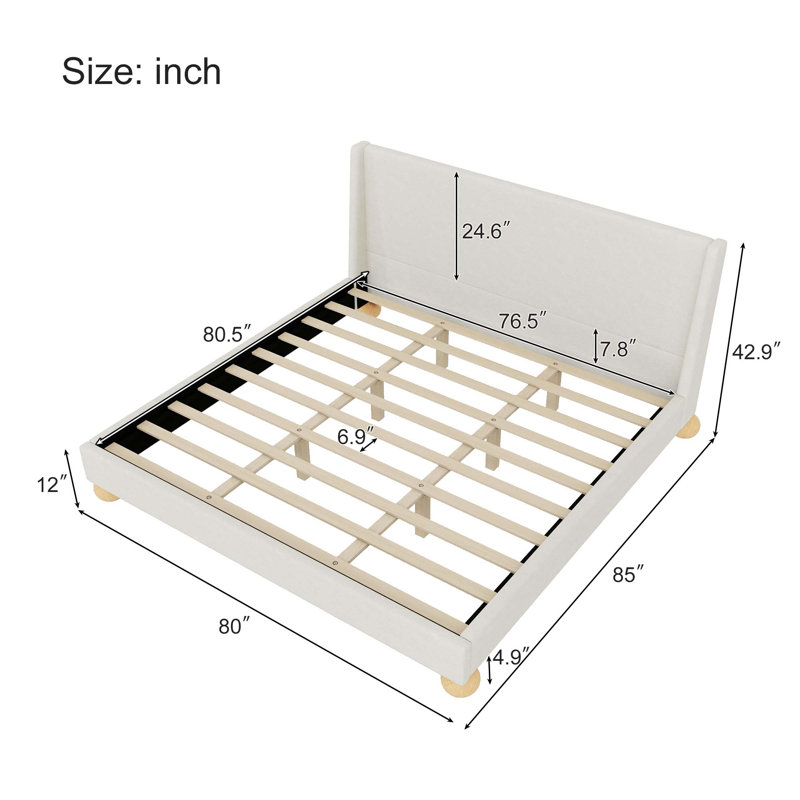 Velvet Bed with Round Wooden Legs, White, King