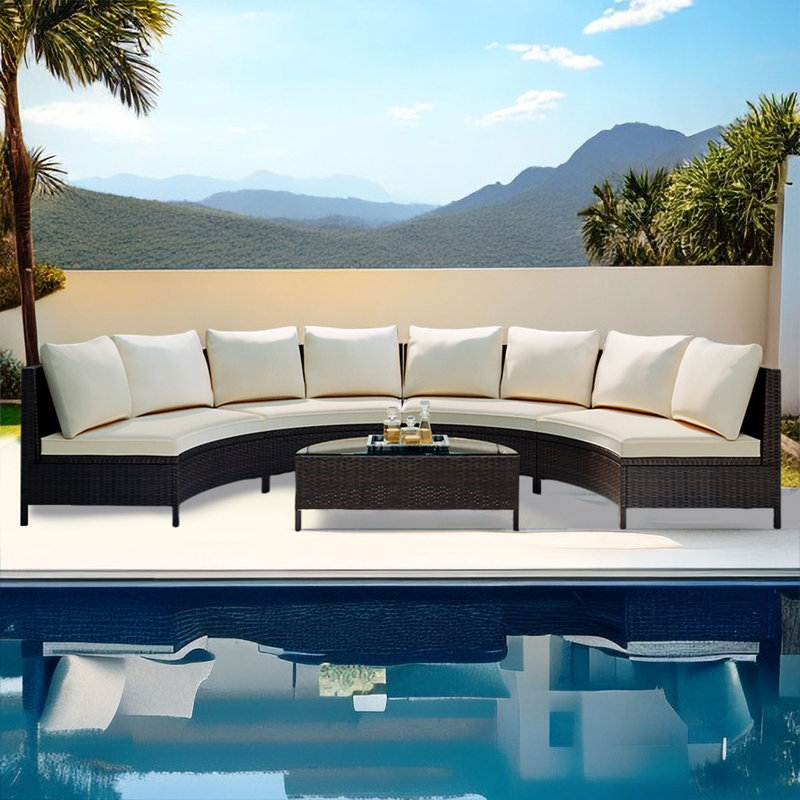 Ensemble de 5 canapés demi-lune en rotin de polyuréthane brun, Beige