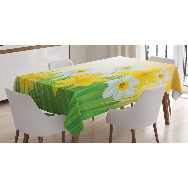 Daffodil Tablecloth, Daffodils Garden Narcissus Rebirth And New Beginnings Celebration Graphic, Rectangular Table Cover For Dining Room Kitchen Decor, 52" X 70", Green Yellow White