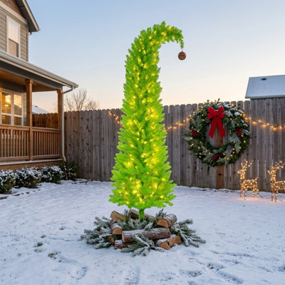 72/84in Green Whimsical Bent-Top Pencil Artificial Christmas Tree with 230/250 Warm White LED Lights, Red Ball Topper & Metal Base