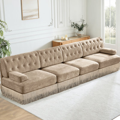 4 velours chameau, boutons, jupe à pampille, base modulaire, mousse haute résilience pour un style tendance