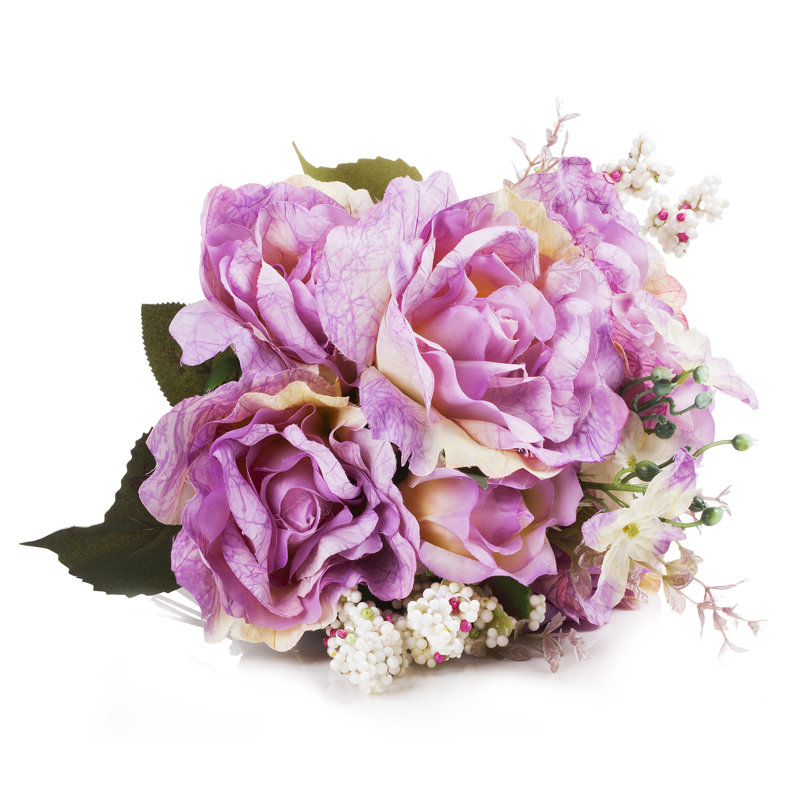 Agencement de fleurs en soie mélangées dans un vase, Mauve
