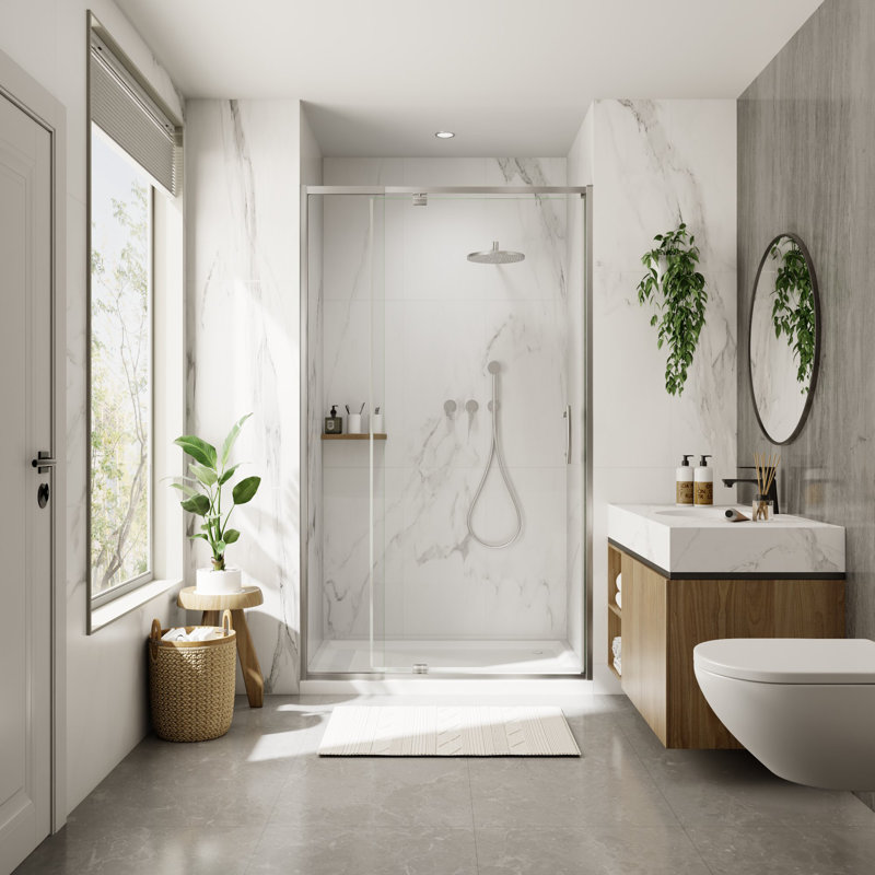 Pivot Semi-Frameless Shower Door With 1/4" Tempered Glass, Brushed Nickel, 42"W x 71"H