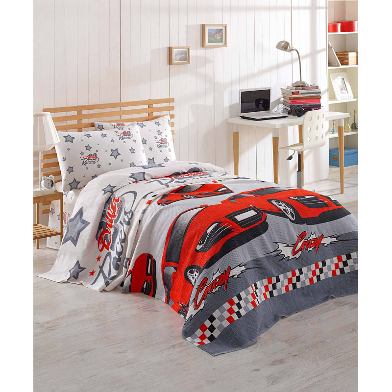 100% Cotton Single Pique Set, Red & Grey, 63 x 93 | Flat Sheet 63 x 94 | Pillowcase 20 x 28 | Machine Washable, 280 g/m², 142 Thread Count | Soft, Durable, Perfect for Cozy Bedrooms & Guest Rooms