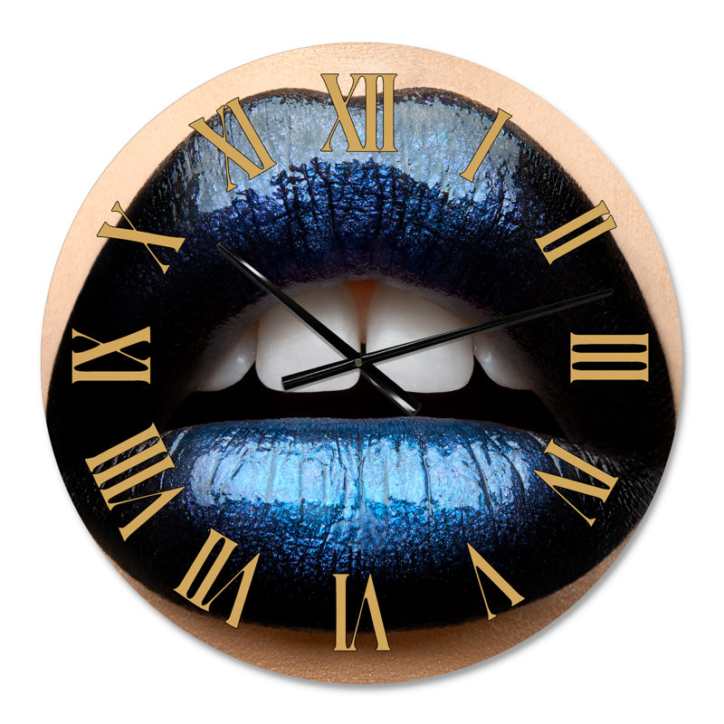 Woman Lips With Black And Blue Lipstick - Modern Wall Clock, Small