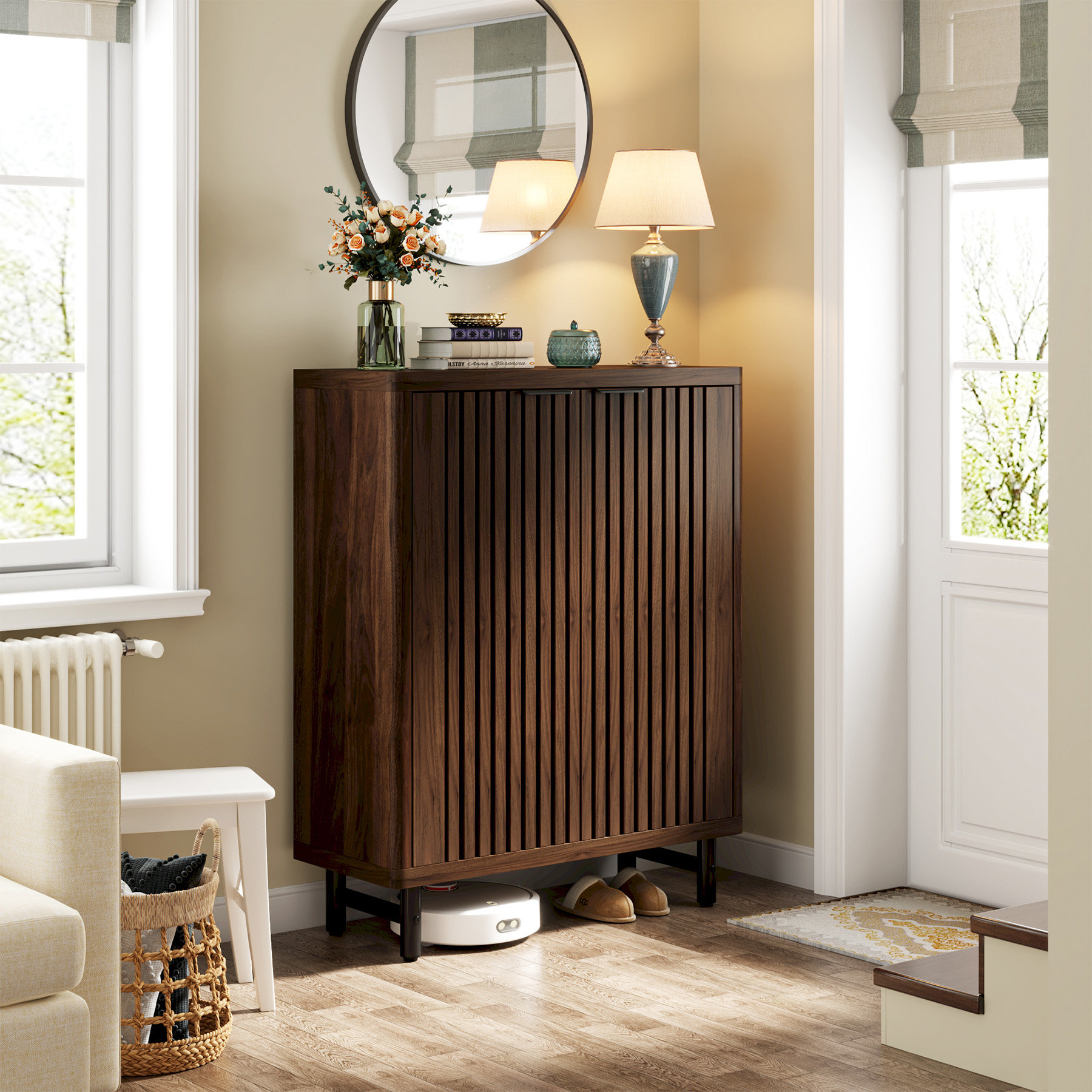 Acanthe 24 Pair Shoe Storage Cabinet with 2 Shutter Doors - Dark Walnut