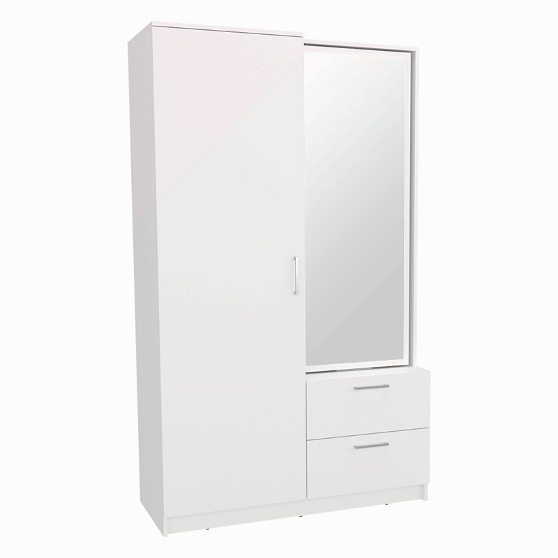 Armoire à miroir de 71 po de hauteur, armoire à une porte, deux tiroirs, tringle, miroir rotatif et étagère à chaussures, deux tablettes