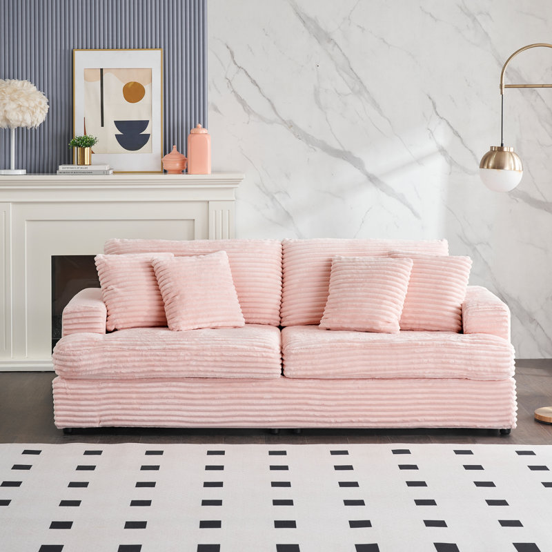Canapé en velours 3 places avec 4 coussins décoratifs Corduroy, H 35 po x l 88,58 po x P 35 po, Velours côtelé rose