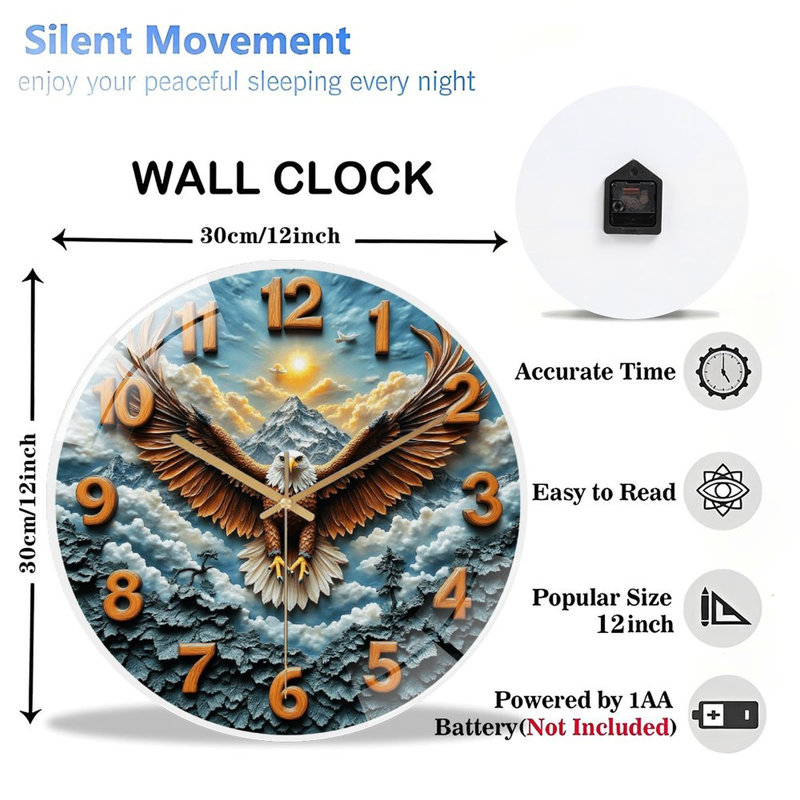 Horloge murale silencieuse en verre trempé de 30 cm, « Horloge murale Eagle Mountain », sans tic-tac, fonctionne avec des piles (piles AA non comprises), décoration artistique pour la maison