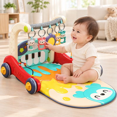 2 in 1 Baby Play Gym & Push Walker, Musical Activity Play Mat with Hanging Rattles, Early Educational Toy for Infants