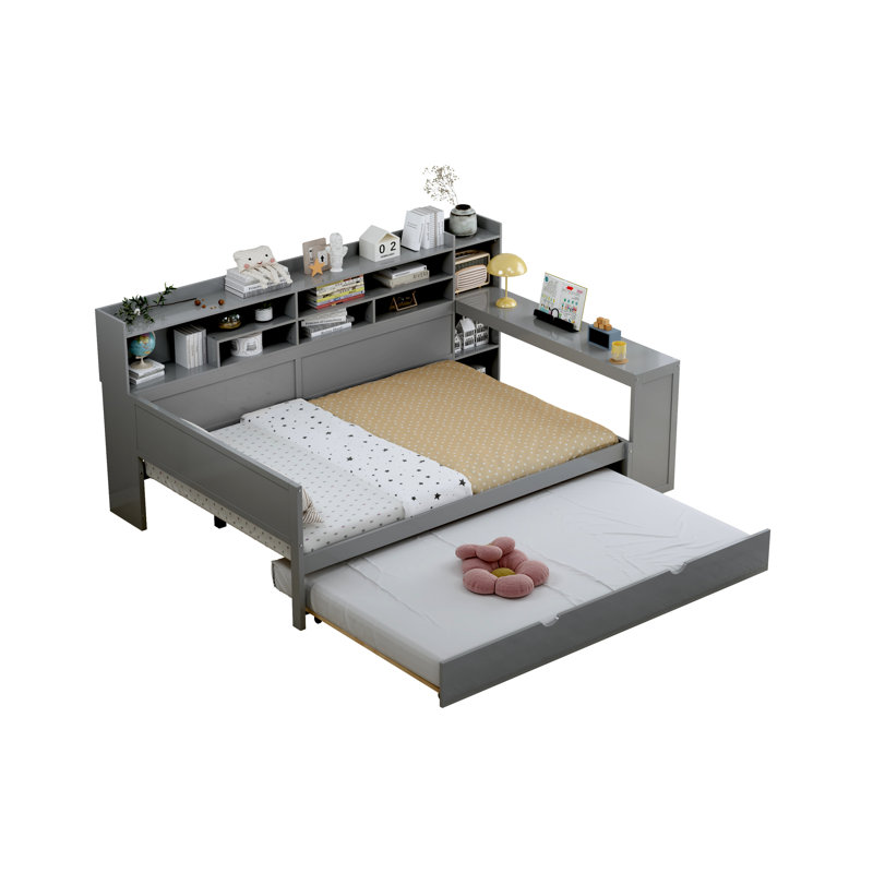 Full Size Wooden Daybed With Gray Finish, Featuring Trundle Bed, Study Desk And Storage For Bedroom Space Optimization Strategies Management