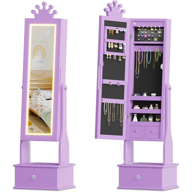 LED Vanity Mirror with Jewelry Storage, Princess Style Wooden Armoire with Lights and Drawers for Girls Dress-Up, Freestanding Dresser with Jewelry Organizer.