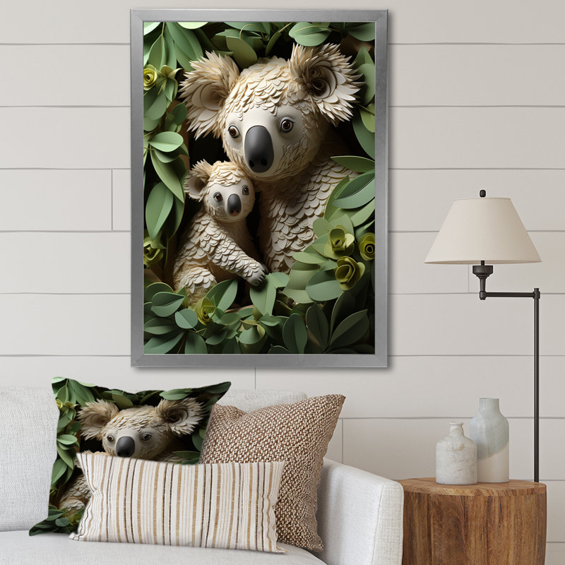 Cuddly Koala Family - Koala Animal, art mural, Cadre simple argenté, H 32 po x l 16 po x P 1 po