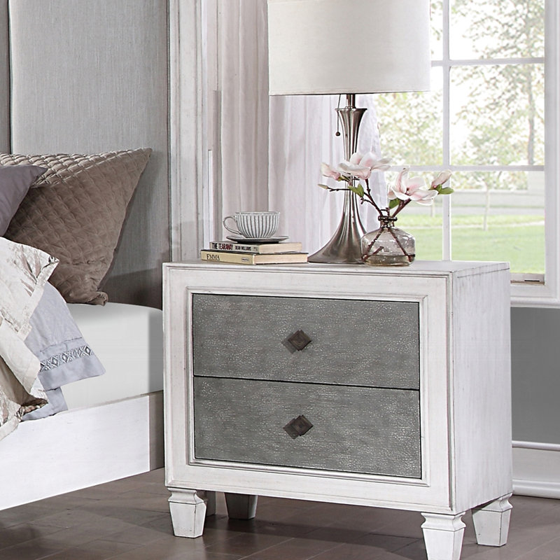 Table de chevet de chambre à coucher en gris rustique - 2 tiroirs en bois de peuplier, glissières latérales en métal, blanc vieilli