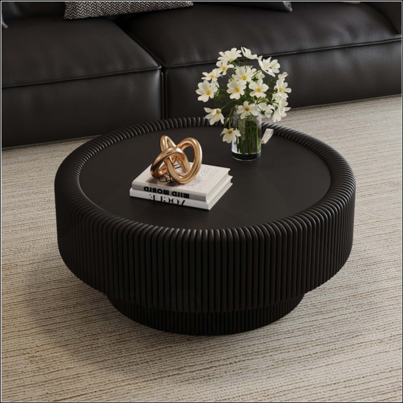 Table basse cannelée ronde avec plateau de rangement en verre trempé et plateau en cuir de qualité supérieure avec rangement caché pour le salon