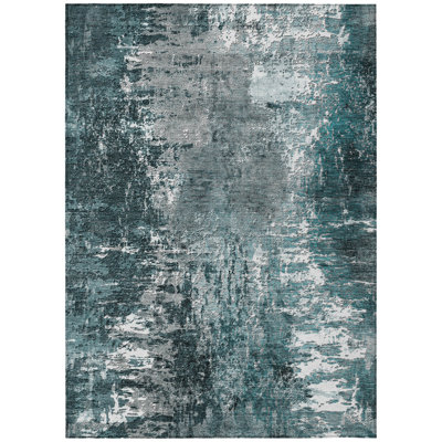 Tapis extérieur lavable abstrait bleu sarcelle et gris anthracite 5 pi x 8 pi