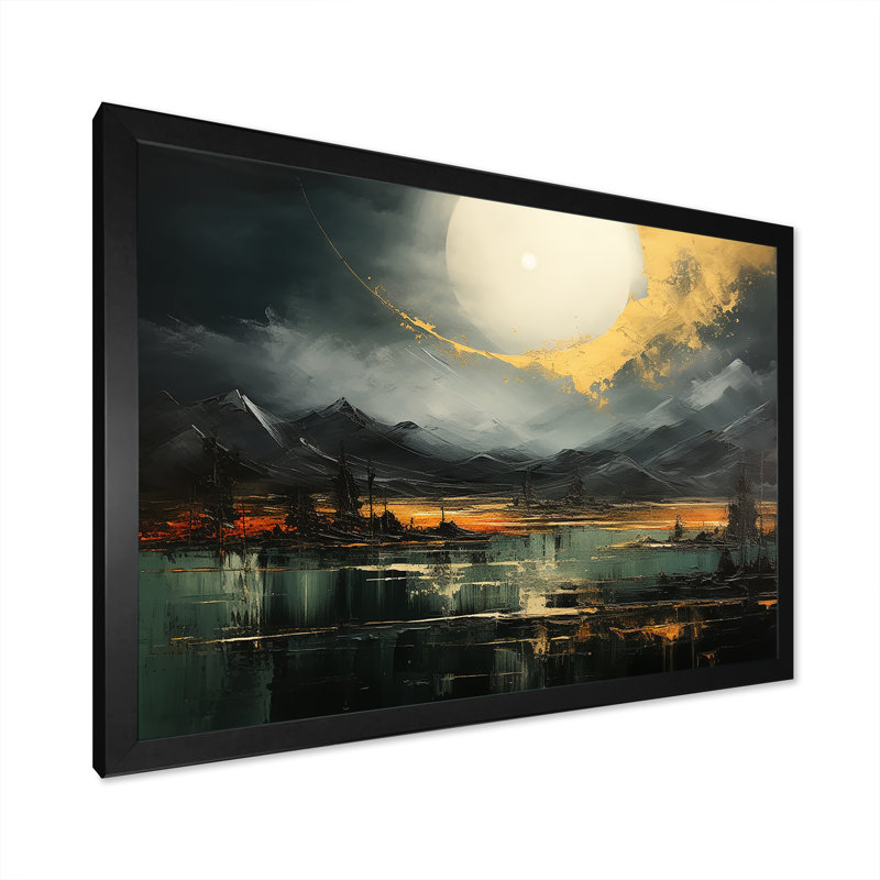 Gris et jaune, paysage de montagne abstrait V - art mural abstrait, Cadre d'angle fermé noir, H 16 po x l 32 po x P 1 po