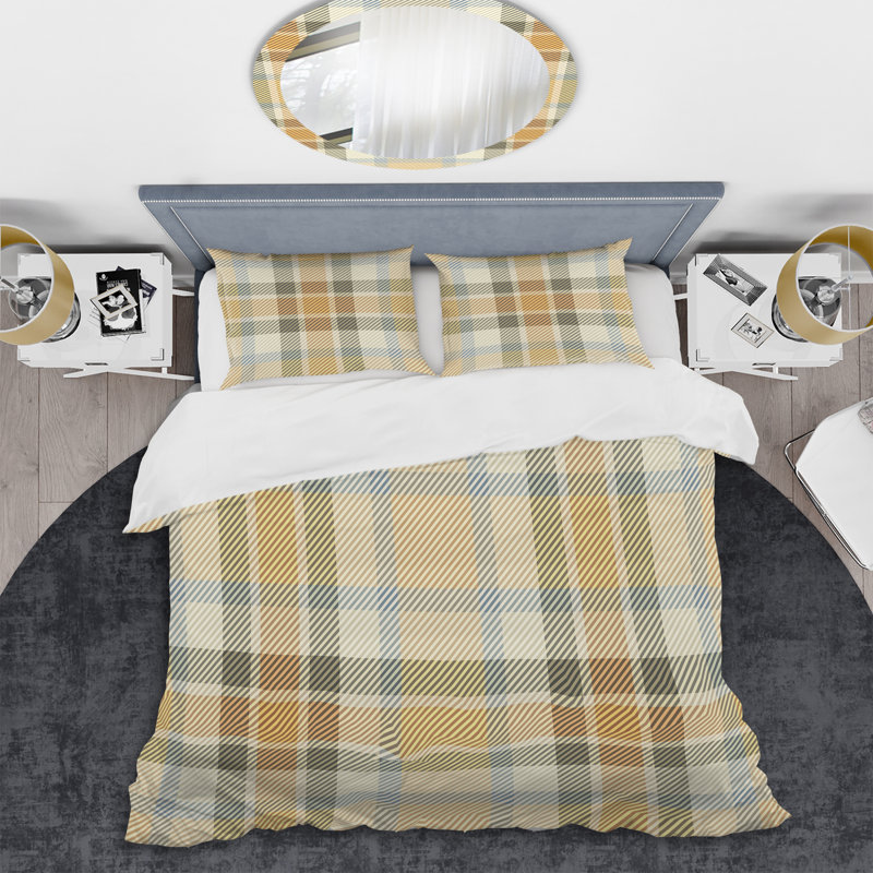 Tartan à carreaux beige - Ensemble de housse de couette abstrait - Microfibre de polyester, Jaune/brun