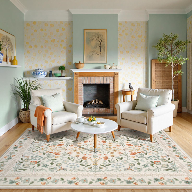  Floral Washable Rugs Non-Slip Ultra-Thin Soft Area Rug Vintage Botanical Print Carpet, Rectangle 9' x 12'