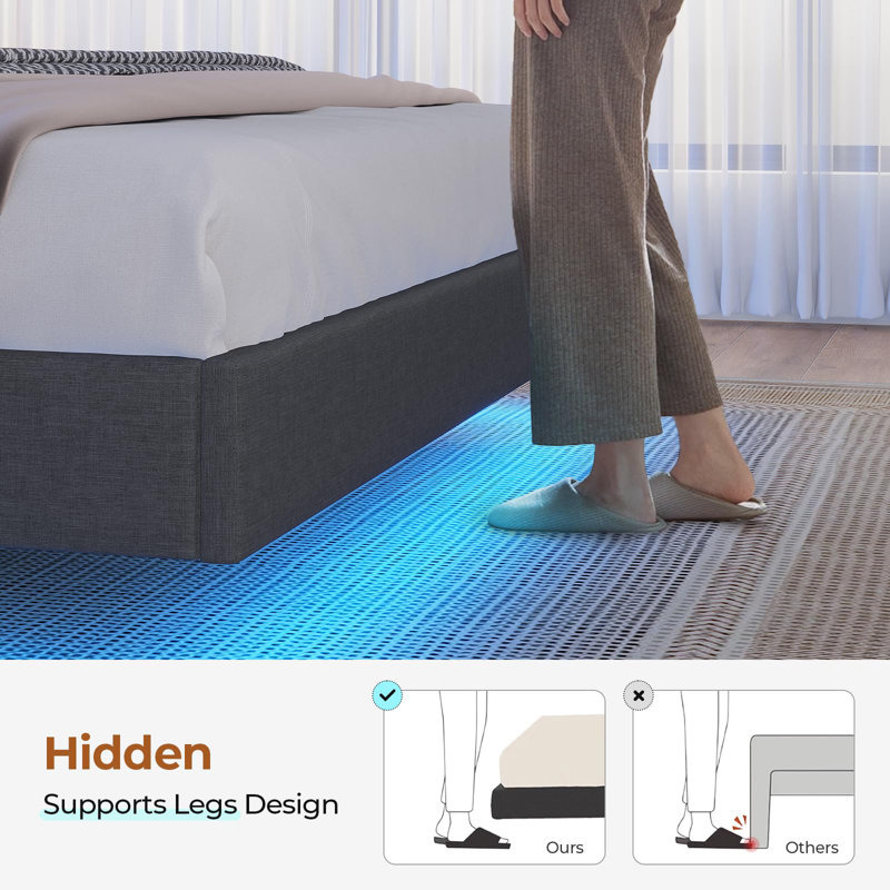 Upholstered Bookcase Floating Storage Bed with Charging Station and RGB LED Lights, Full / Double