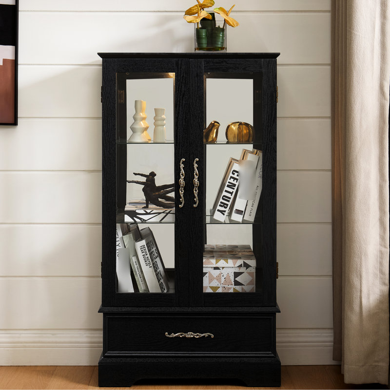 Armoire ajustable en verre avec tiroir encastré à DEL et tiroir spacieux, noir, pour objets de collection.