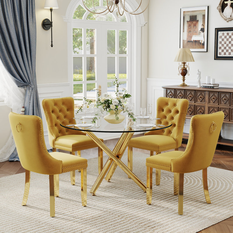 5-Piece Modern Round Pedestal Dining Set with Velvet Tufted Dining Chair for Dining Room and Living Room, Gold, Yellow