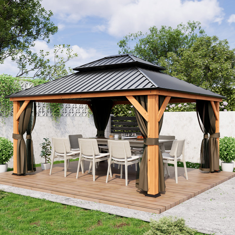 Solid Wooden Patio Gazebo with Double Roof, Netting and Curtains, 13' W x 11' H, Natural Wood, Black
