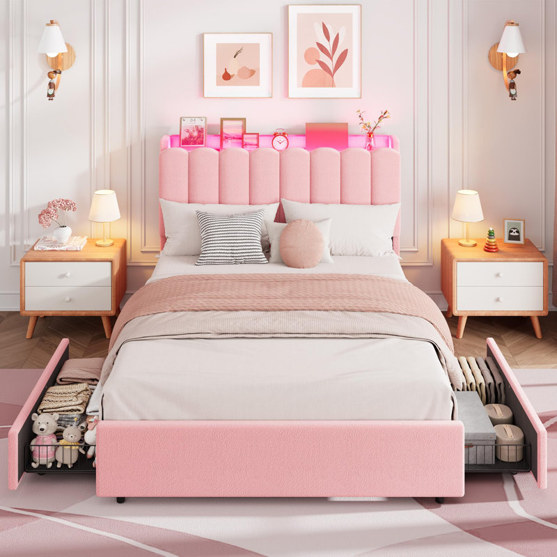 LED Upholstered Platform Bed with Storage Drawers & Wavy Headboard, No Box Spring Needed, Twin, Pink