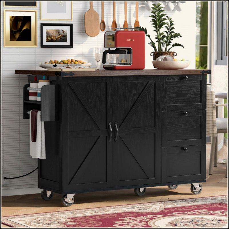 54.5" Farmhouse Kitchen Island With Power Outlet, Kitchen Storage Island  With Internal Storage Rack, Drop Leaf, Spice Rack, Rolling Kitchen Cart On Wheels, For Home, Kitchen And Dining Room,Black
