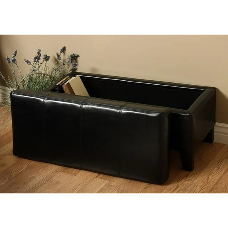 Black Faux Leather Oak Wood Storage Bench with Flared Legs