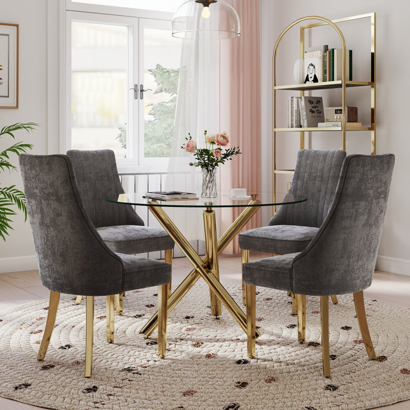 Ensemble de salle à manger à piédestal moderne avec chaise Dininig, Doré / gris / doré, 7 pièces : table, 6 chaises