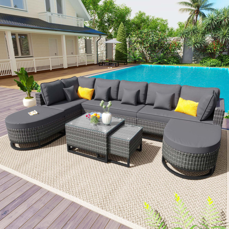 Ensemble de canapé 7 pièces en osier de grande taille avec 2 tables basses et coussins, Gris