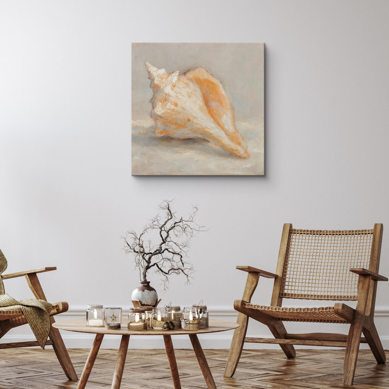 «Neutral Coastal Conch Shell Still Life Ocean Inspired Decor», reproduction d'art sur toile encadrée, Toile tendue