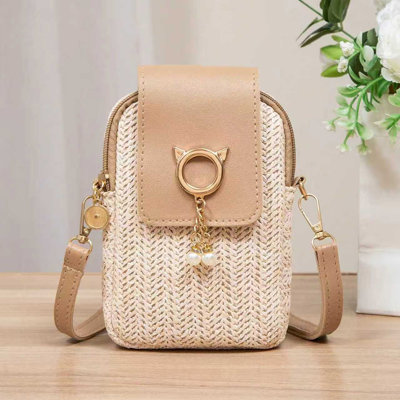 Backpack Straw Woven Crossbody Phone Bag Cute Cats Mini Purse With Adjustable Strap For Women Summer Travel